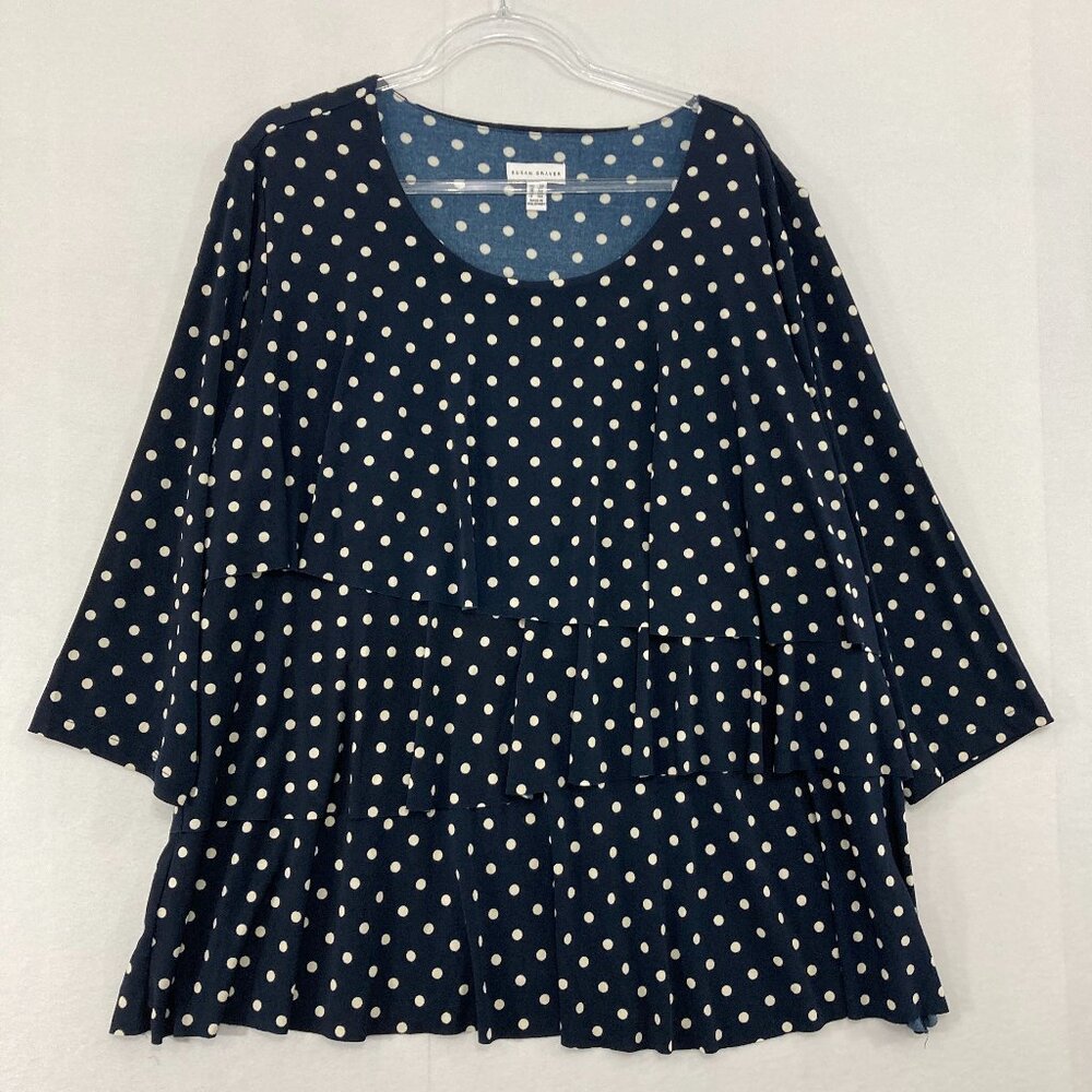 Susan Graver Top size 2X Navy White Polka Dot Stretch Liquid Knit Layered Office
